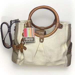 Relic Handbag Canvas Boho Wooden Handles Wood Butterfly Accent